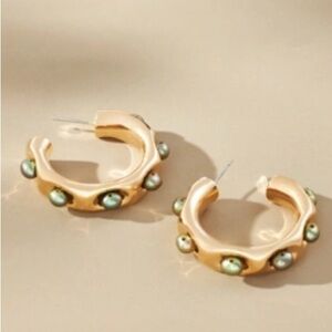 Anthropologie Rhodium-Plated Stone Encased Hoop Earrings in Olive